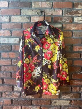 Vintage 70s Edith Flagg California Floral Dagger Collar Blouse M Retro